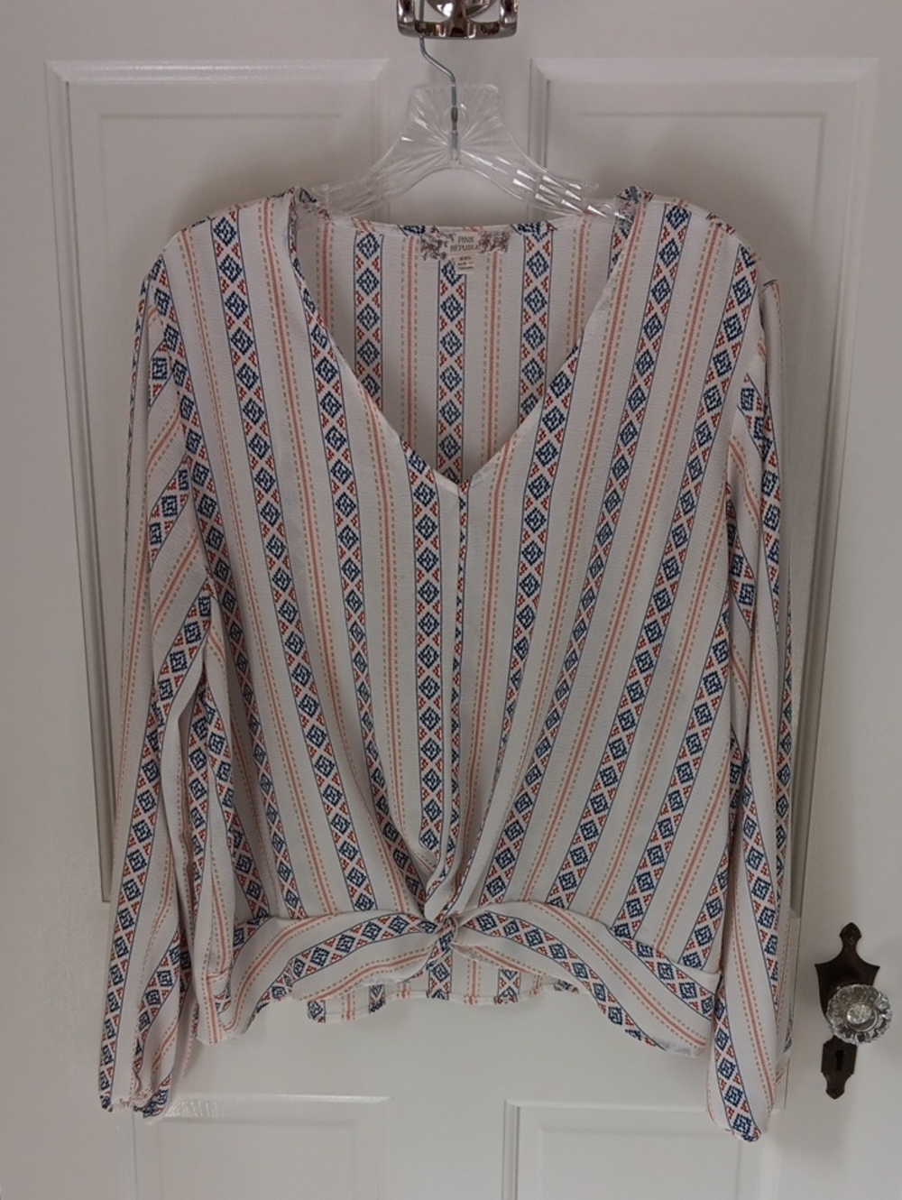 Pink Republic Boho Geometric Striped Twist Front Cream,orange,navy Top XXL